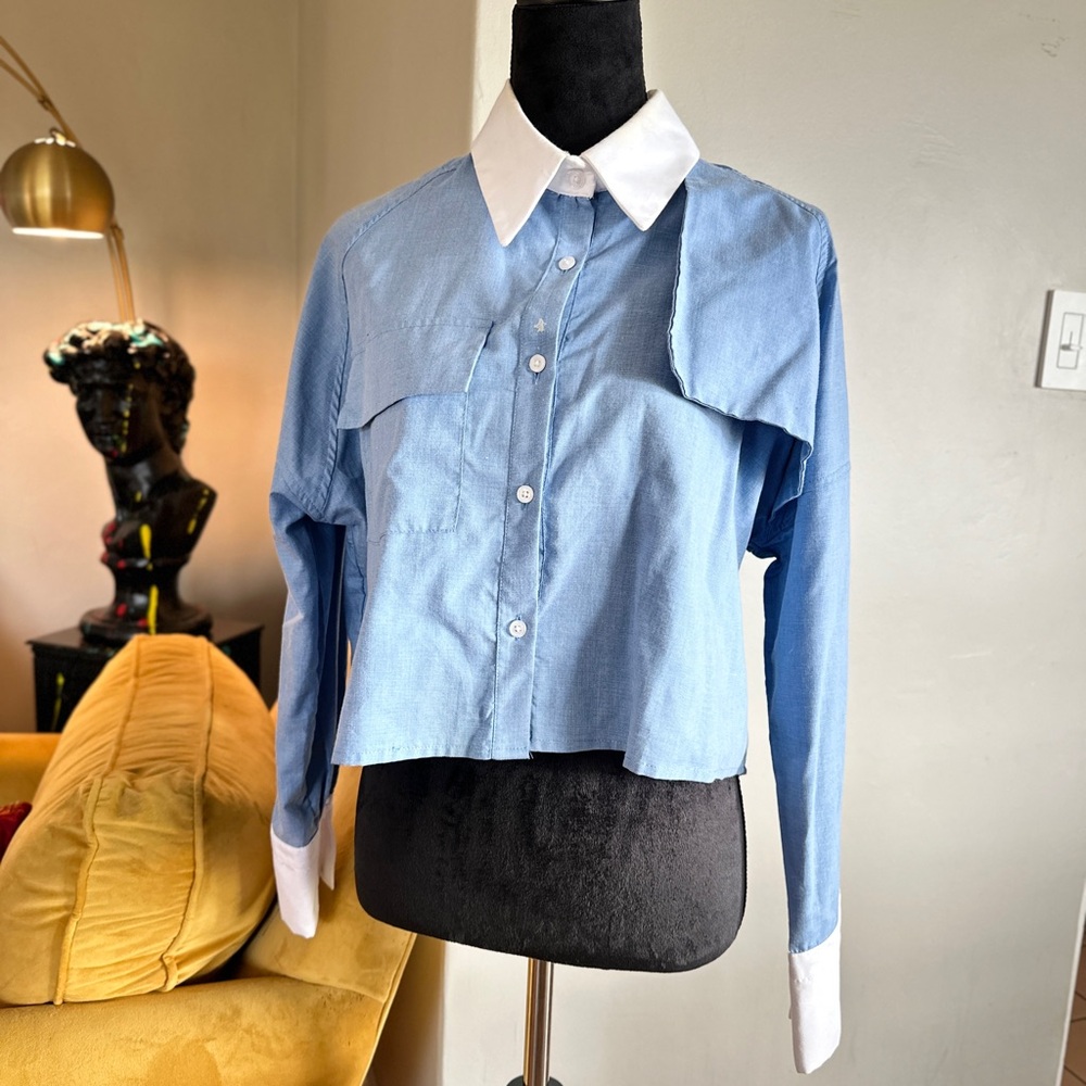 Chic Blue Button-Up Shirt with White Collar